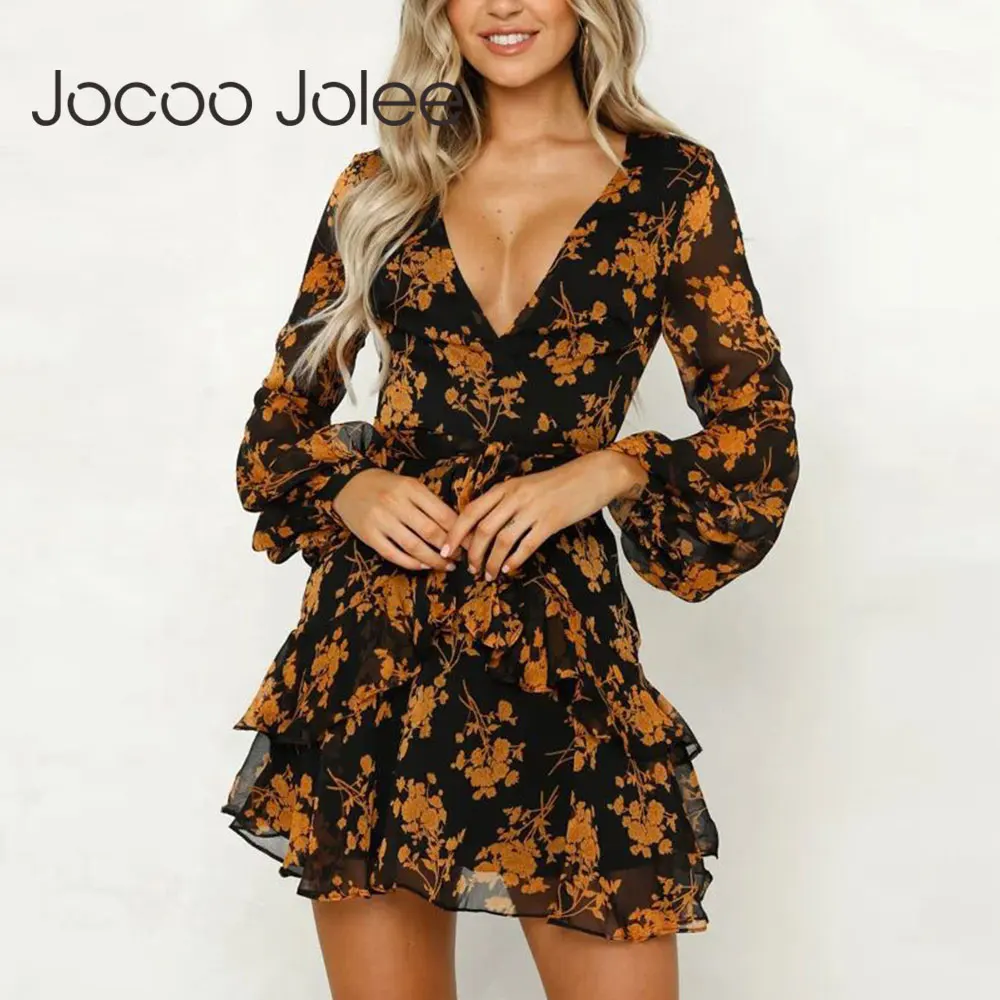 

Женское шифоновое платье Jocoo Jolee, повседневное пляжное мини-платье с цветочным принтом и рукавами-фонариками, лето 2019