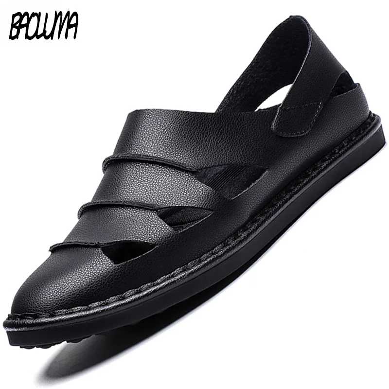 Мужские пляжные сандалии удобные повседневные кожаные кроссовки высокого