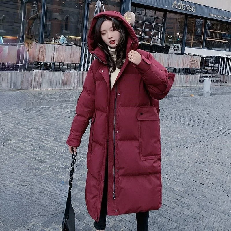 

2021 Winter Women's New Long Loose Down Cotton Coats Female Students Thicken Cotton Jackets Ladies Solid Warm Hooded Parkas Y663