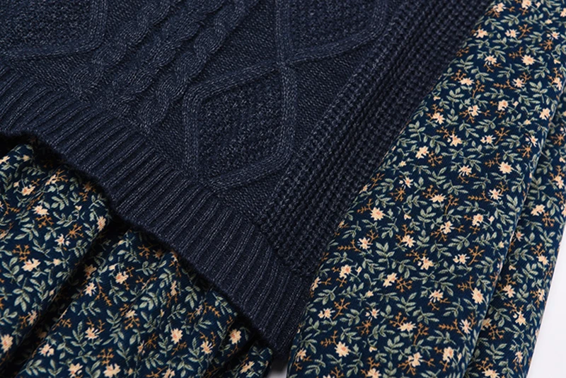 

[EAM] Women Black Knitting Floral Pattern Dress New Round Neck Long Sleeve Loose Fit Fashion Tide Spring Autumn 2021 1DD4713