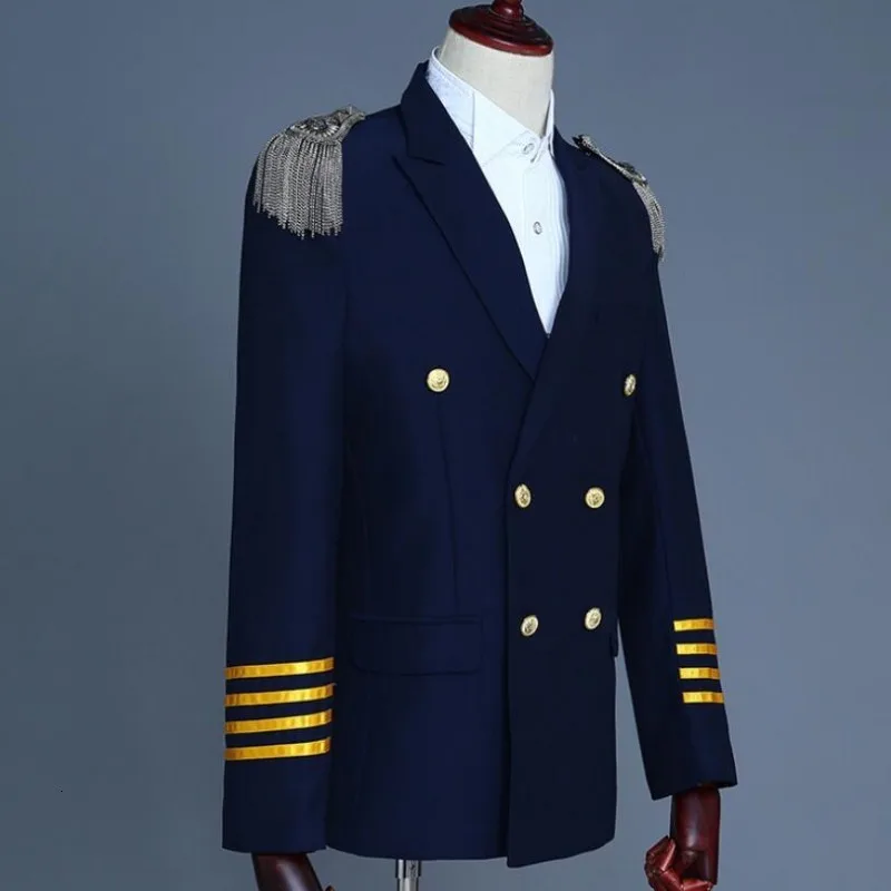 

Mens Formal Epaulet Tassels Pilot Captain Blazer Pants Suits Double Breasted Slim Fit Dress Suit Terno Masculino Costume 2 Piece
