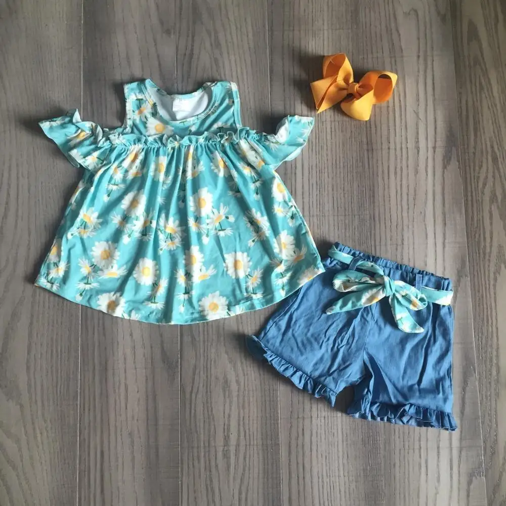 Летняя детская одежда Girlymax ярко синие шорты с цветочным рисунком и