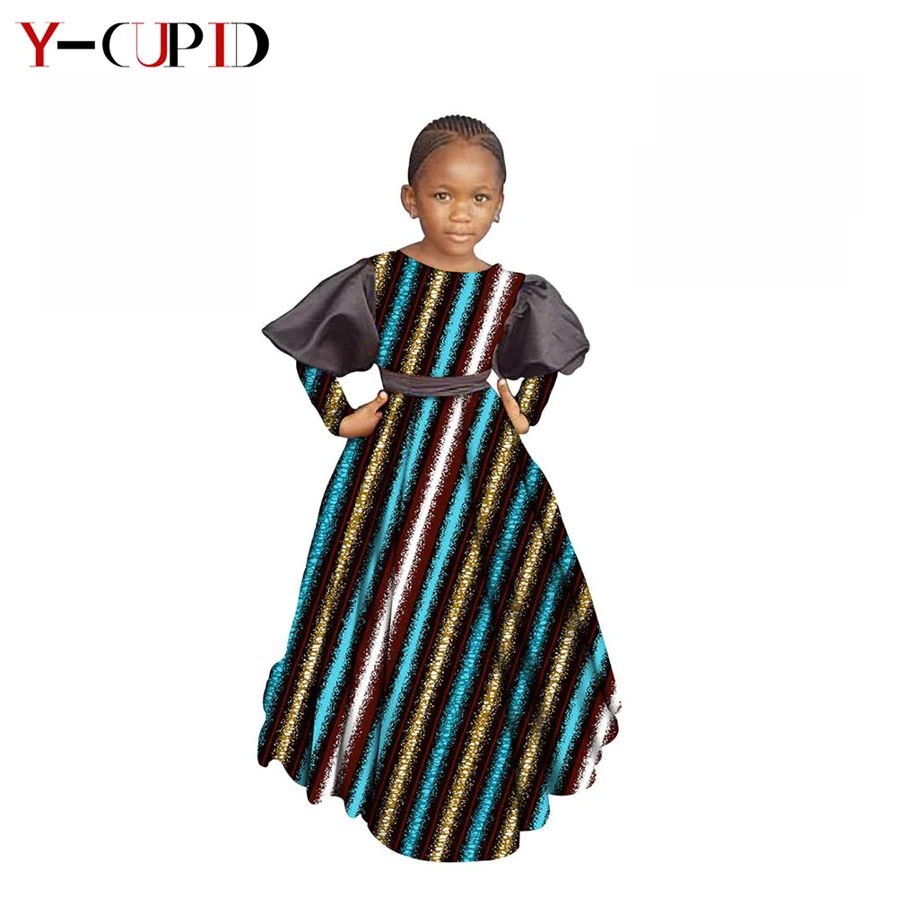 

African Clothes for Kids Girls Patchwork Ankara Print Dresses + Waistbelt Party Wear Bazin Riche Children Clothing S204021