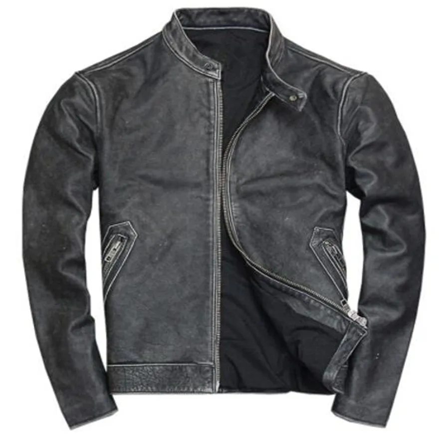 Винтажная Черная Мужская натуральная Байкерская кожаная куртка плюс размер XXXXL