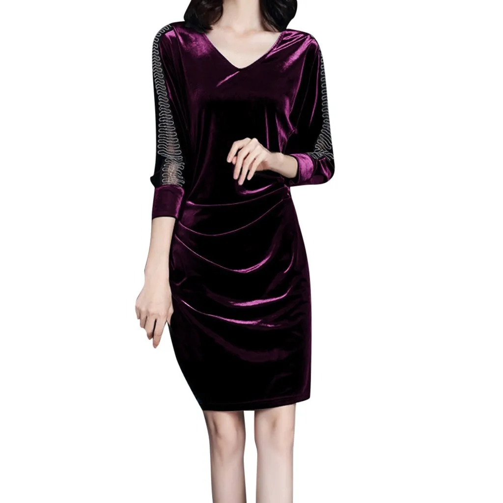 Винтажное женское бархатное платье модное осенне зимнее теплое с v образным