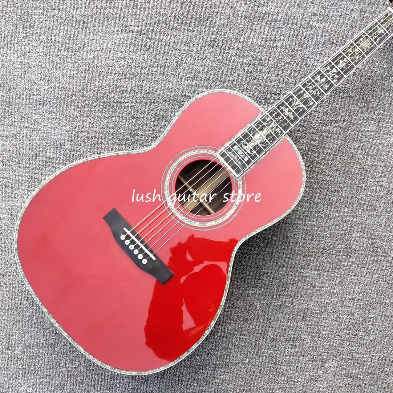 

2021 New ooo Model Red Acoustic Guitar, Factory custom ,39 Inches ,Real Abalone Inlay Guitarra ,Ebony Fingerboard,Free Shipping
