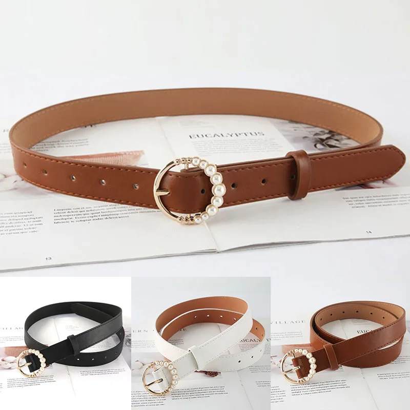 

Fashion Pearl Belt Leather Waist Belts Women Retro All-Match Belt Jeans Waist Belts Students Round Buckle Waist Strap Waistband