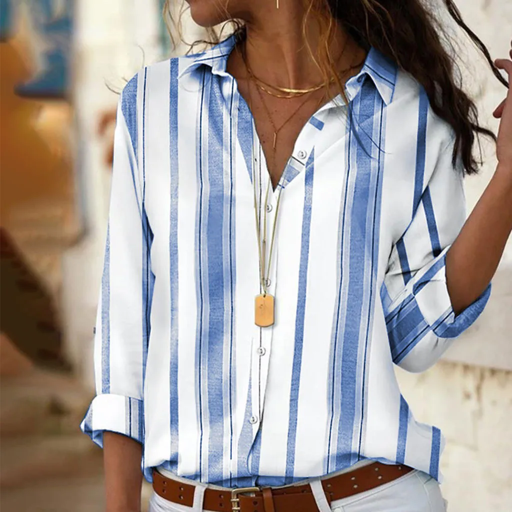 2019 женская блузка на пуговицах полосатая рубашка с длинным рукавом модные