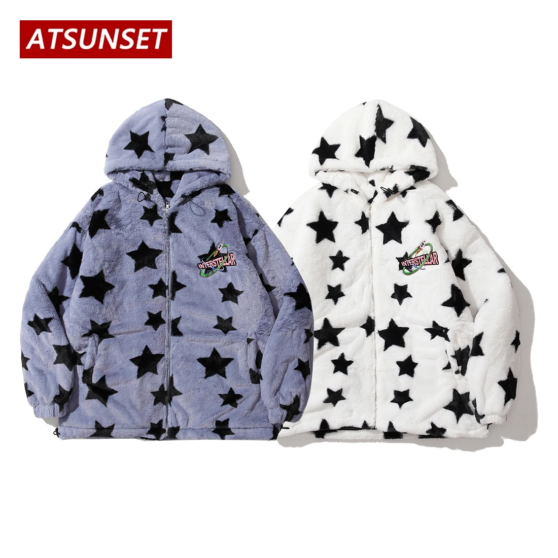 ATSUNSET Full Of Stars Lambswool Hooded Cotton Coat Thick Warm Harajuku Winter Jacket High Street Couple Streetwear