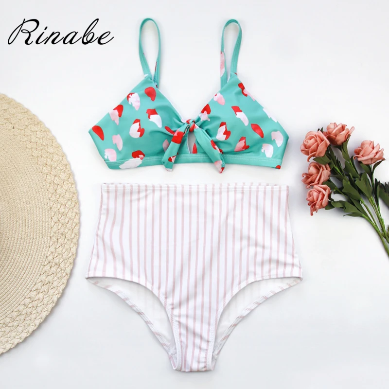 Высокая талия бикини сексуальный бантик шеи купальник женский купальный костюм