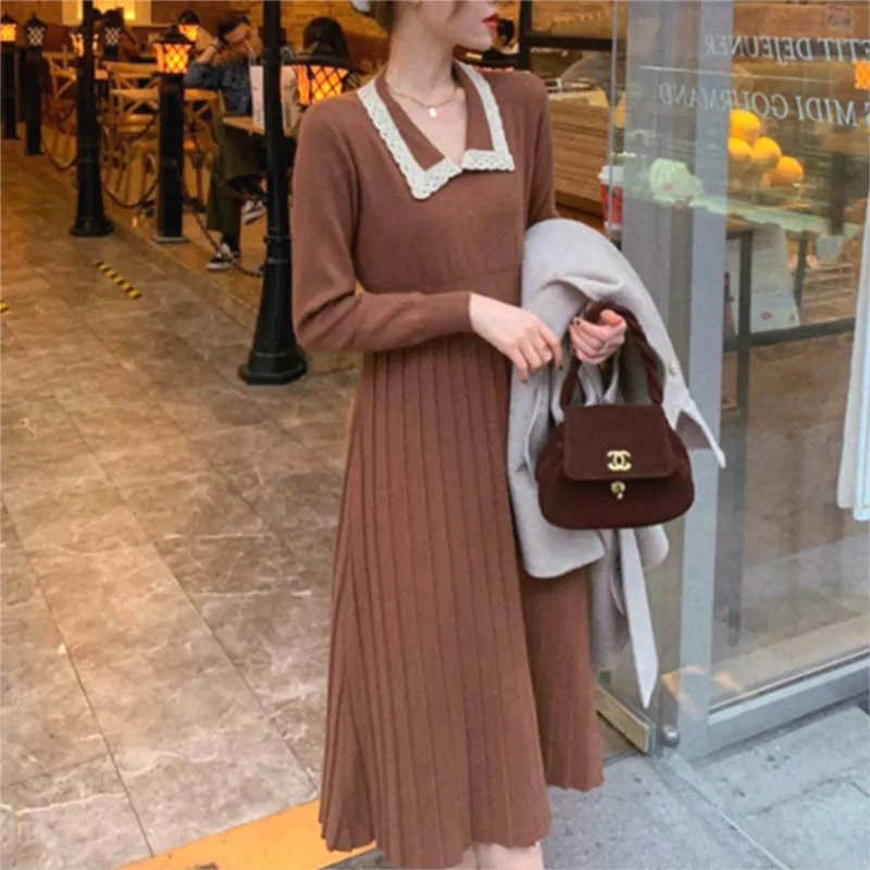 

Elegant Knitted Dress Women Spring Patchwork Sweet Sweater Dress Female Office Lady Slim Casual Korean Long Dress Women 2021 New