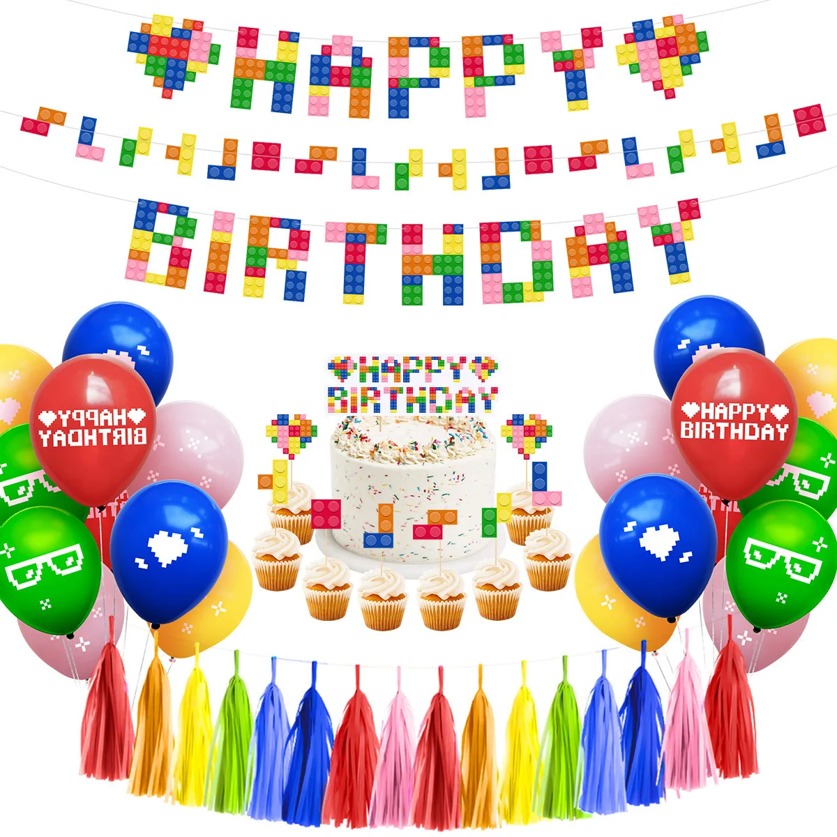 

Building Block Theme Birthday Party Decoration Balloon Set Birthday Banner Building Block Cake Topper Tassel for Boy Girl
