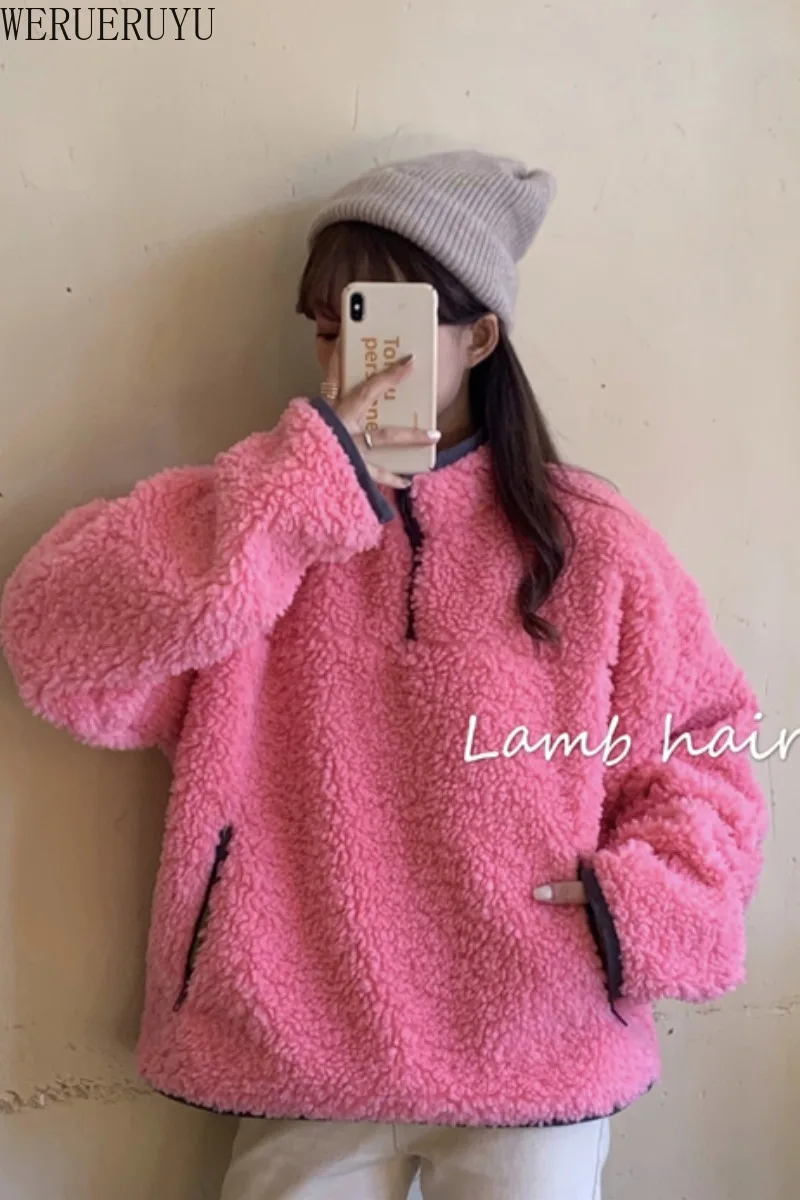 

WERUERUYU 2020 autumn winter hoodie women Faux lamb wool sweater women Korean style loose zipper pullover sweatshirt