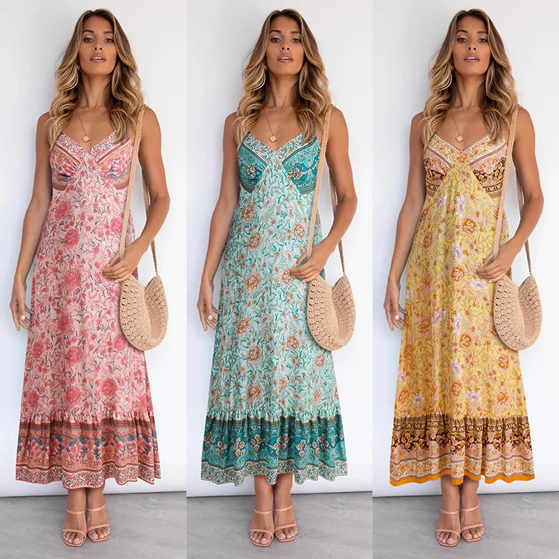 

Women's Sling Floral Long Dresses Arrival Summer Boho V-Neck Sleeveless Party Beach Print Maxi Dress Casual Sundress