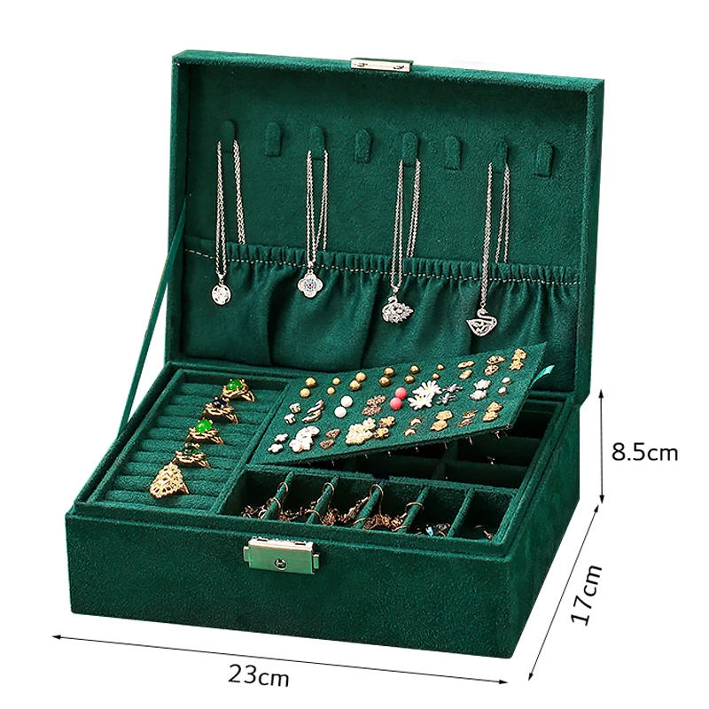WE 3styles Green Velvet Flannel Jewelry Storage Box with Retro Lock Organizer Earring Necklace Display Organizer for Women Gifts