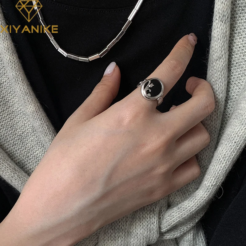 Фото XIYANIKE серебряный цвет французский элегантный черный агат цветок кольцо для