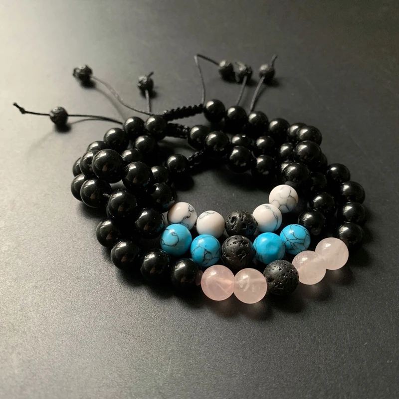 Натуральный черный оникс Кристалл розовый кварц Howlite браслет с бриюзой шнур