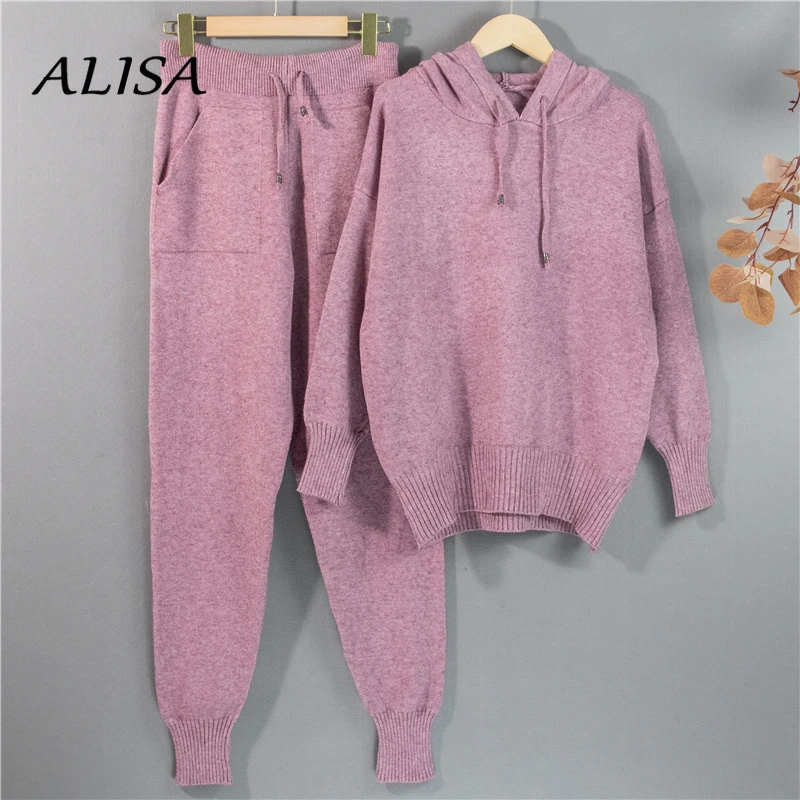 

New Women Outfits Casual Knitted Two Piece Sets Spring Autumn Hooded Sweater and Pants Suits Ladies Streetwear Sportsuits