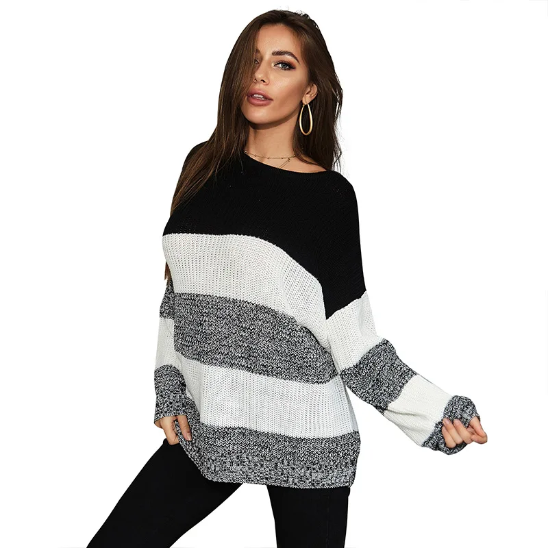 

Autumn/winter women's casual turtleneck sweater contrast color black and white stripes patchwork loose lazy sweater pullovers
