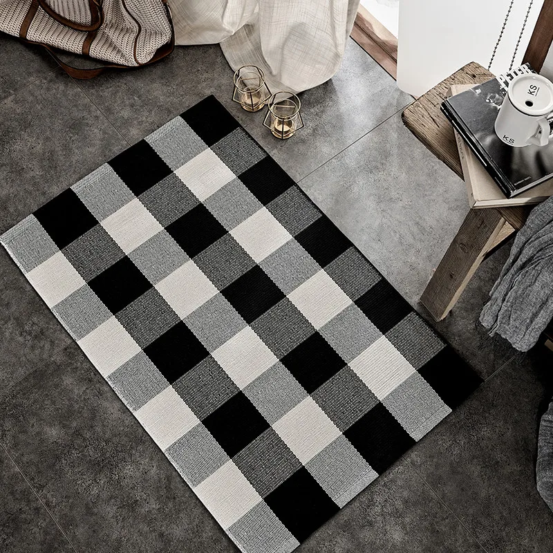 

New Black&White Plaid Carpet Weave Living Room Door Mat Kitchen Bathroom Antiskid Rug Geometric Floor Home Tappeto Decor Carpet