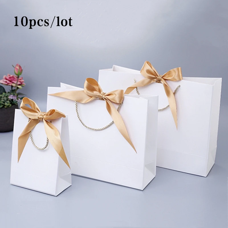 

10pcs Gift Bag Present Paper Bag With Ribbon Wedding Pack Box Favors Birthday Party Bags /Pajamas Clothes Wig Packaging