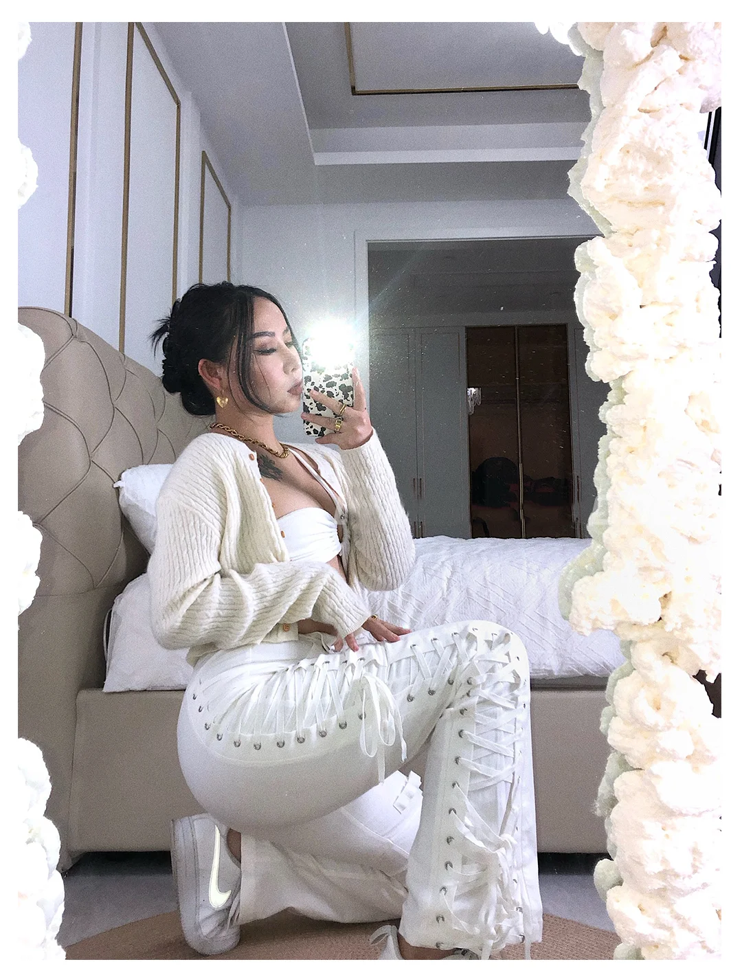 IAMGIA High Waist Slim Lace Pants Kylie Same Style European and American Hot Girl Pants Casual White Lace-up Straight Pants
