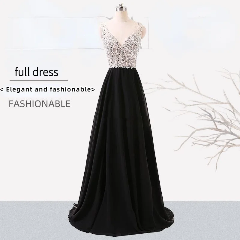 

Hot-selling Custom-made Deep V Sexy Evening Dress Heavy Industry Dress Women's Sewing Drill Long Bridal Dress Host Skirt