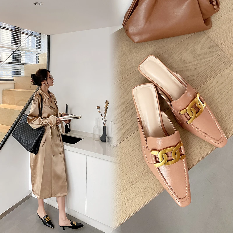 

Women's Slippers natural leather 22-24.5cm length Women's summer shoes outdoor High-heeled small square toe online celebrity