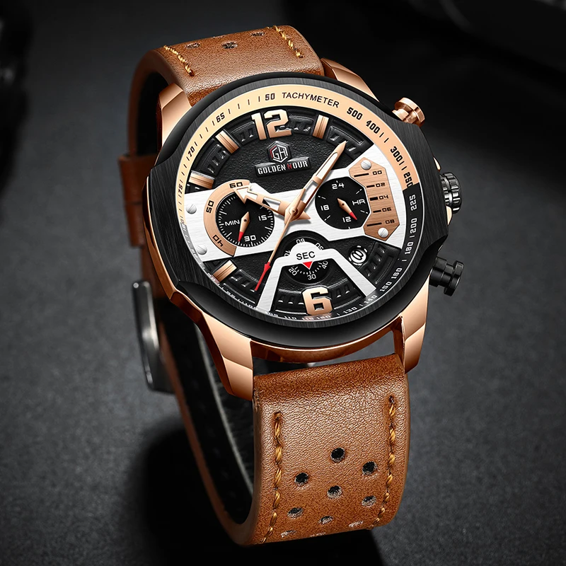 2019 GOLDENHOUR Мужские кварцевые часы с кожаным ремешком водонепроницаемые военные