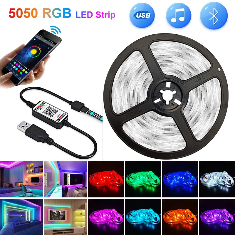 

RGB 5050 LED Strip Light 5V USB APP Bluetooth Control Waterproof Light Strip + Controller TV Background Neon Lighting Strips