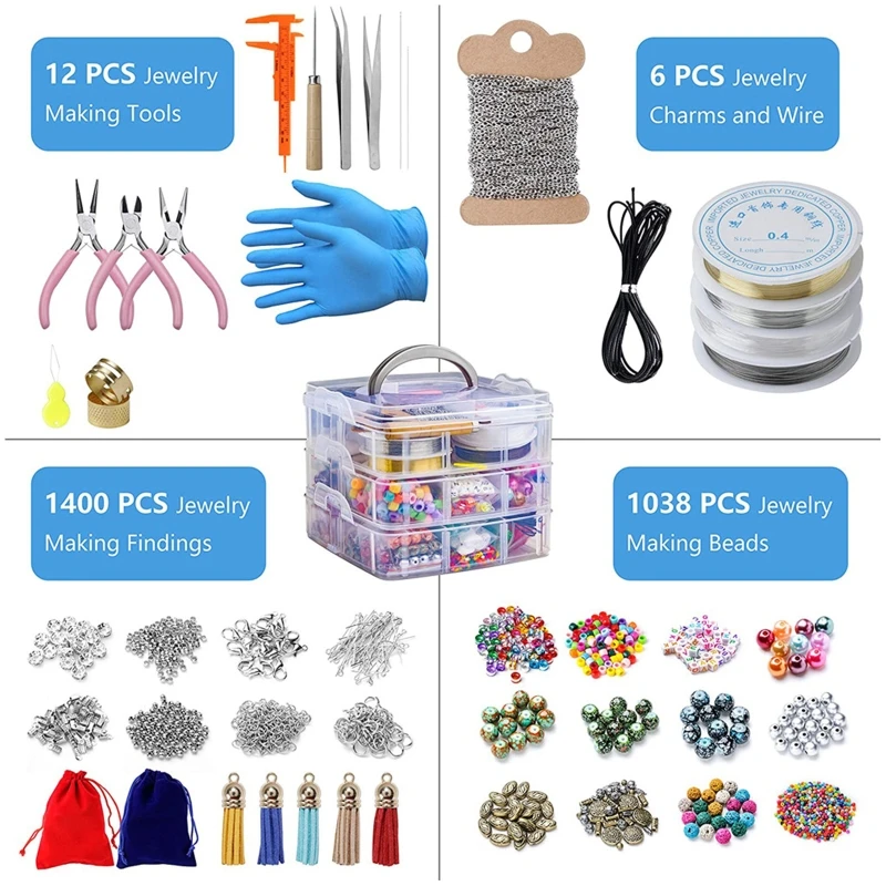 

2456Pcs Jewelry Making Supplies Kit with Assorted Beads Charms Findings Pliers W0YA
