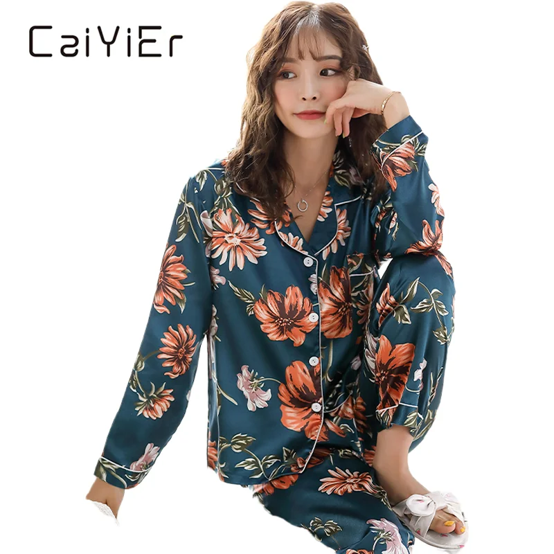 CAIYIER Satin Silk Pajamas for Women's Set Winter Long Sleeve Home Wear Ladies Sexy Tops+Pants  Sleepwear Autumn Home Clothes