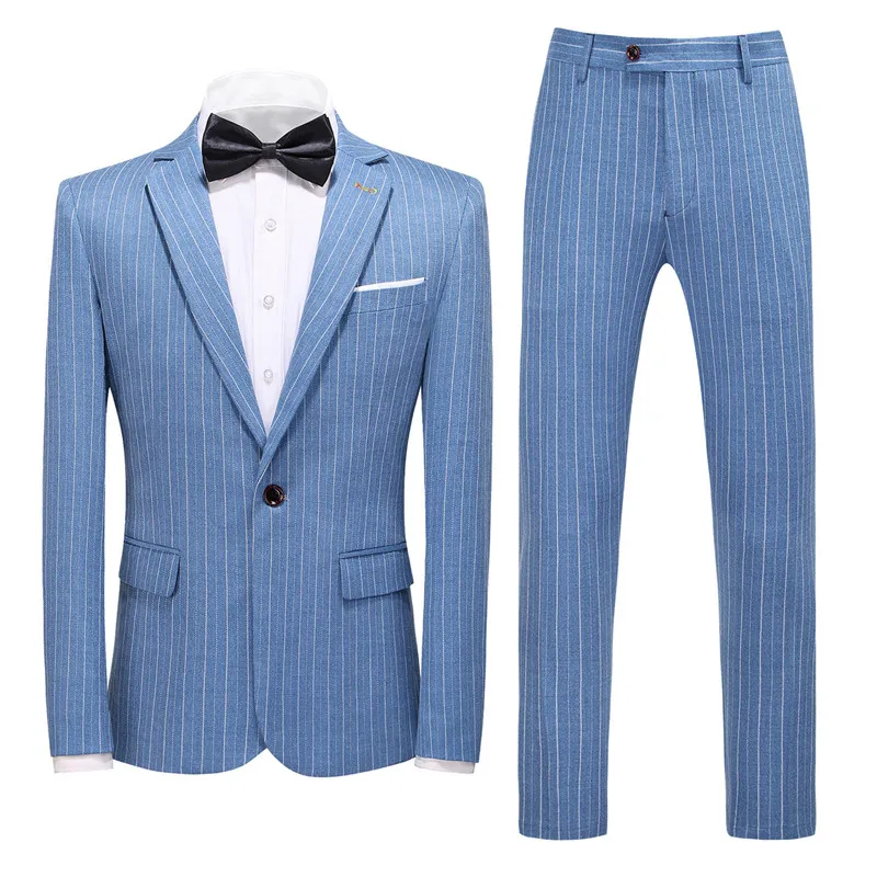 

Blue mens striped suit 2-piece set (jacket + pants) large size men suit Blazer and trousers black dress suit 5xl
