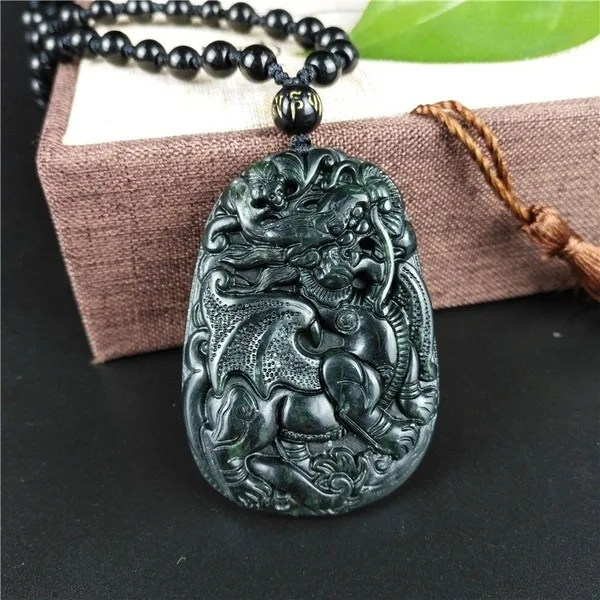 Китайское ожерелье с подвеской в виде дракона из натурального черного и зеленого