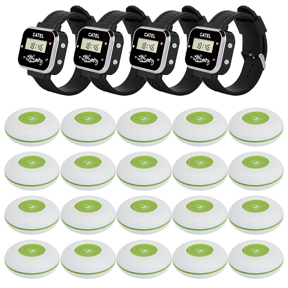 CATEL Waterproof Wireless Calling System 20 Call Button Transmitter 4 Watch Pager Restaurant Waiter Service Bell Buzzer