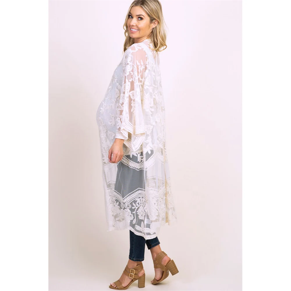 Пикантные кружевные туники прозрачная Пляжная накидка с вышивкой длинное кимоно