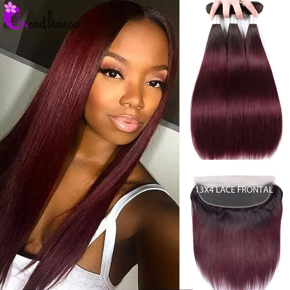 

Goodliness Ombre 99J Bundles With Frontal Closure Red Burgundy Frontal With Bundles Brazilian Straight Hair Bundles With Frontal