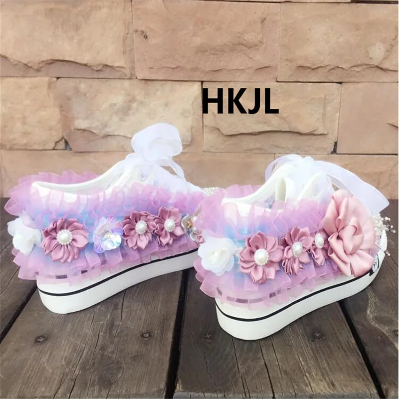

HKJL spring platform women's shoes breathable Korean sports shoes chiffon lace flowers purple sequins canvas shoes