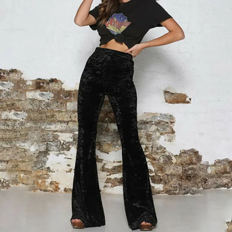

Goocheer New Velvet Long Flare Pants Women Korean Streetwear Sexy High Waist Trousers Casual Velour Red Black Bell Bottom Pants
