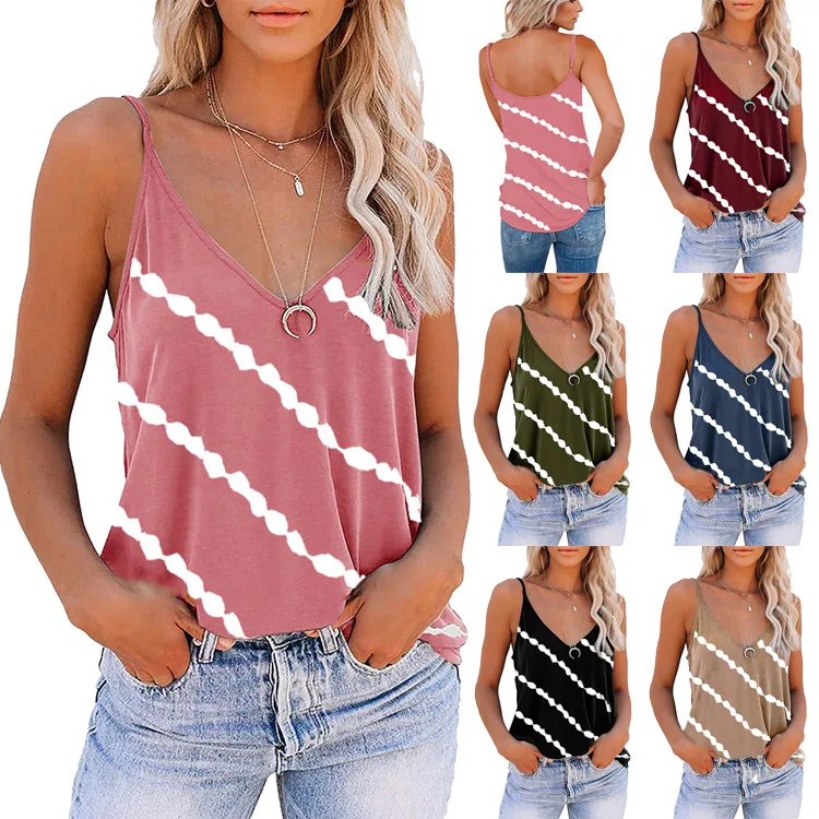 

Women Diagonal Striped Print Tank Tops Summer Sleeveless Tie Dye Sexy V-Neck Loose Tank Casual Camisole Plus Size 5Xl Vest