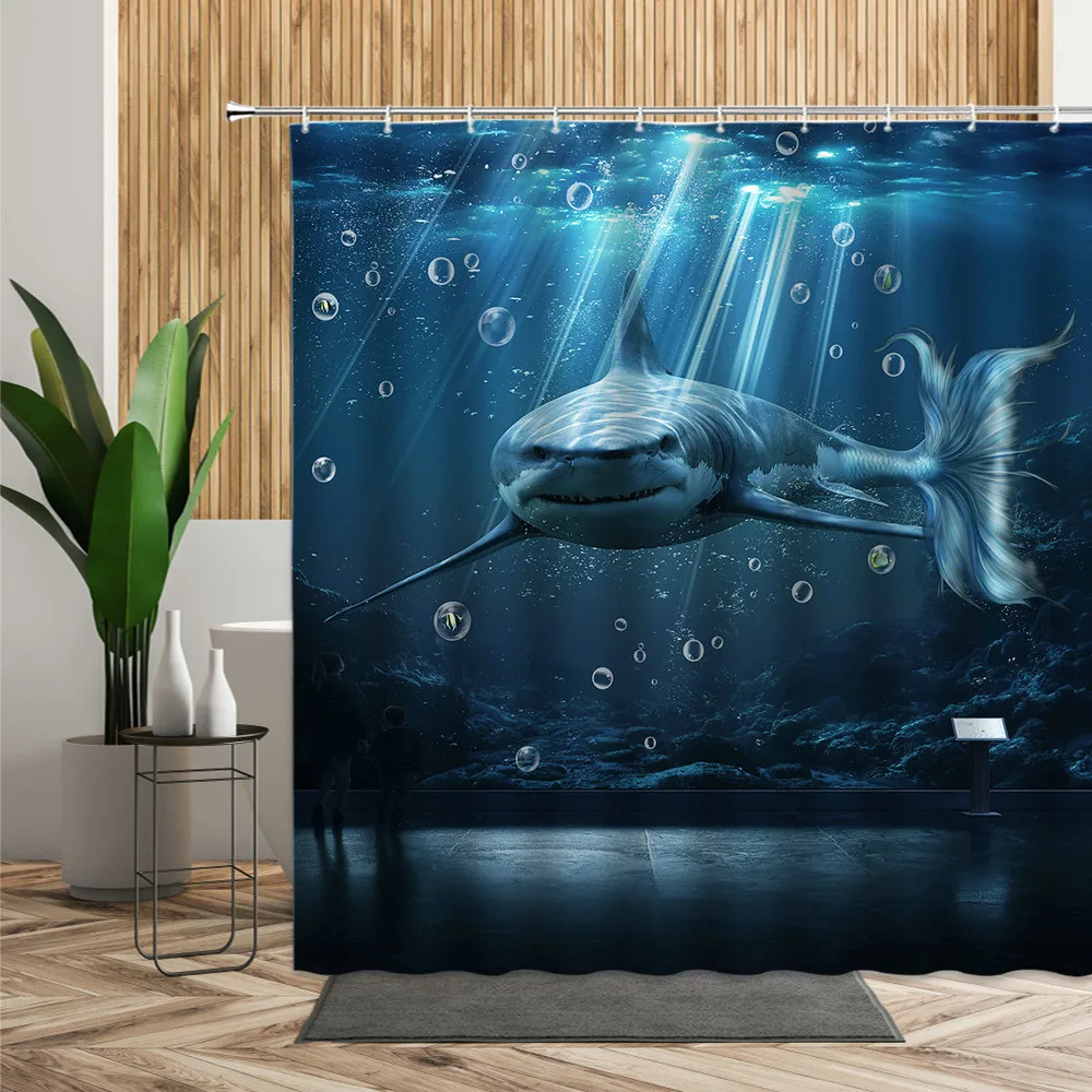 

3D Ocean Animal Waterproof Shower Curtain Ferocious Shark Dolphin Sea Turtle Undersea Background Bathroom Bath Curtain With HooK