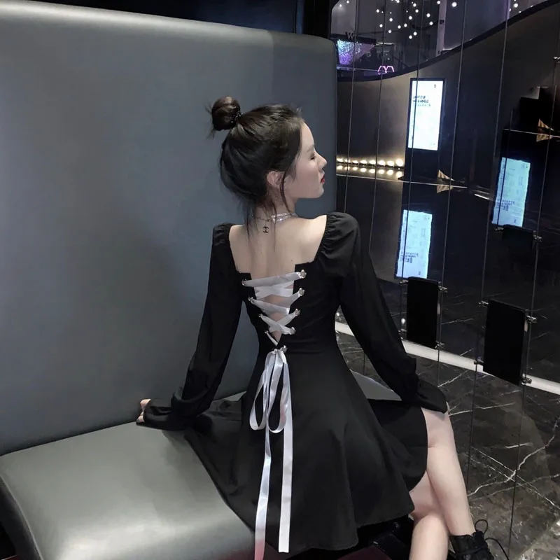 

Summer Kawaii Bandage Dress Female Black Back Strap Sexy Little Black Mini Skirt Sweet Receive Waist Japanese Lolita Dress Robe