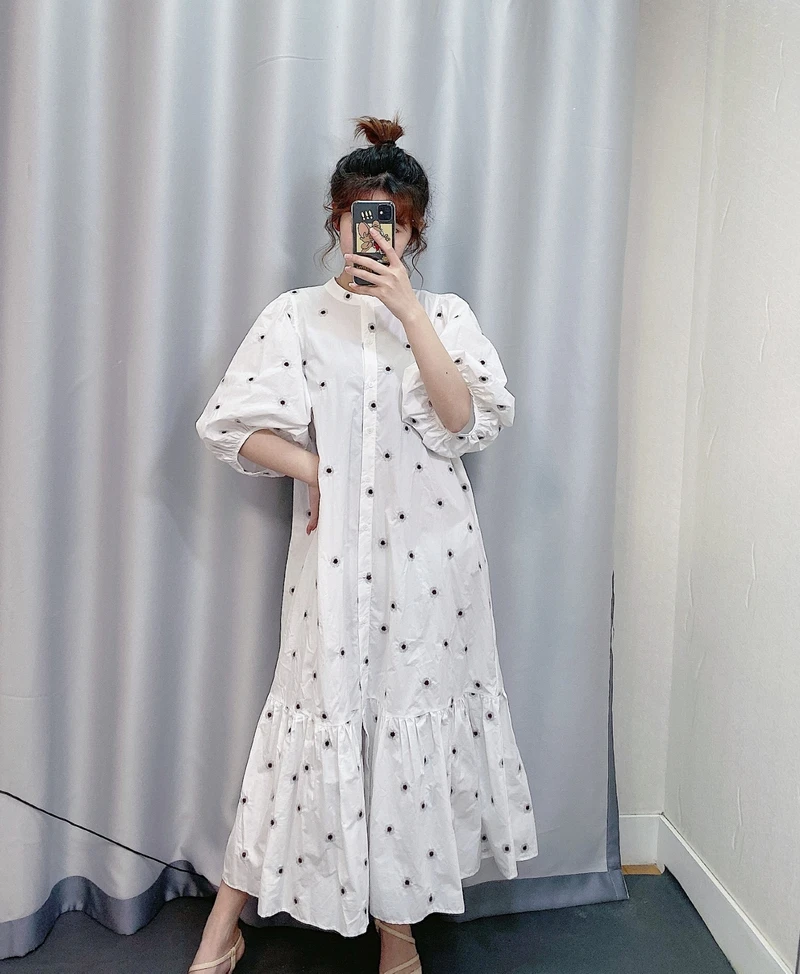 

Women Summer Dress 2020 New Fashion Embroidery Half Sleeve Modern Lady Mid-Calf Dresses