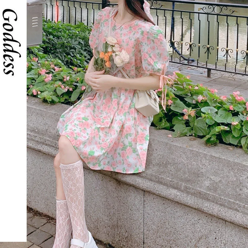 

Women Summer Flower One-piece Dress Korean Short Sleeve Vintage Elegant Dress Females Bandage Design Boho Beach Dresses 2021