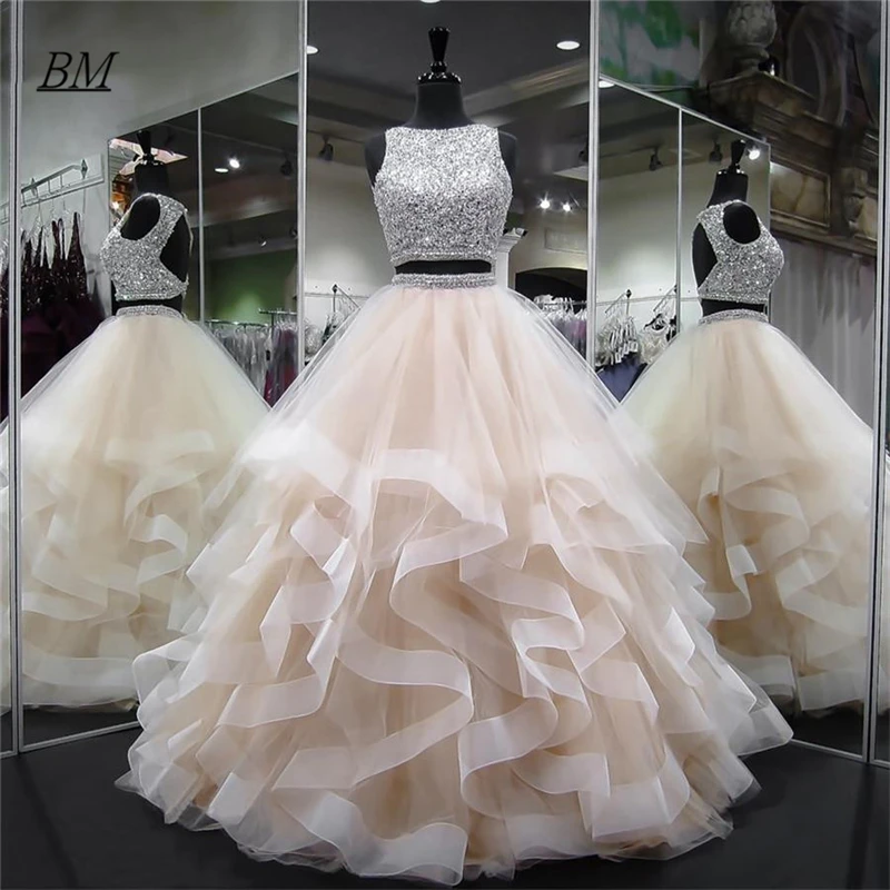 

BM Crystals Two Pieces Ball Gown Quinceanera Dresses O-Neck Beaded Open Back Pageant Gown Long Tiered Vestidos De 15 Anos BM667
