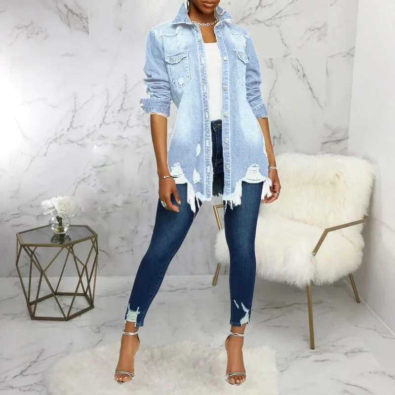

2021 Casual Hole Jeans Coat Jackets Plus Size Slim Fit Women's Middle Denim Long Coat Long Sleeve Washed Pocket Denim Jackets