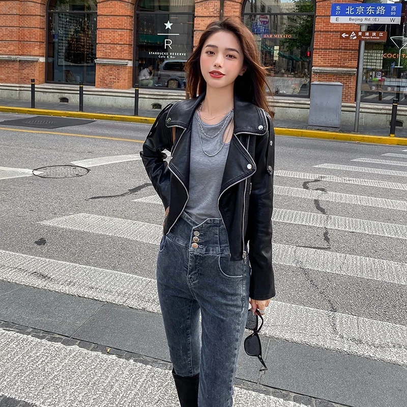 

New Washed Leather Short Motorcycle PU Tailored Collar Gothic Black Jacket Women's Coat Fashion Spring Andautumn Korean Style