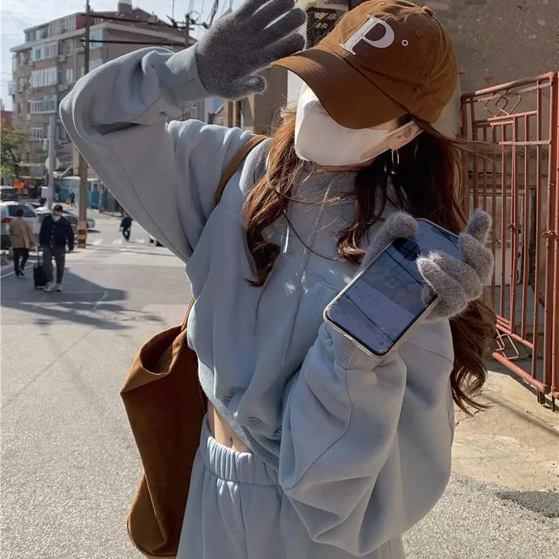 Winter Fleece Warm Tracksuits Setup 2021 Woman Casual Short Hoodie Pullover With Loose Harem Pants Trousers Two-Piece Set |