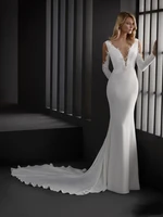 modest 2020 mermaid wedding dress simple style satin long sleeves long bridal gown deep v neck backless lace vestidos plus size