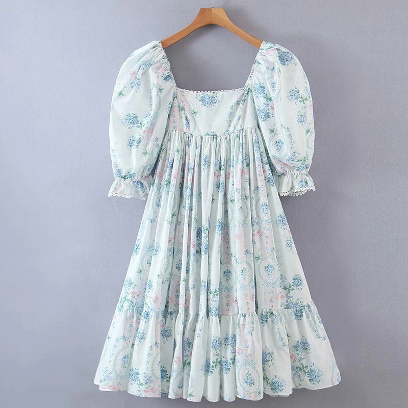 

YENKYE Elegant Women Sweet Floral Print Princess Party Dresses Sexy Square Neck Puff Sleeve Big Swing Ladies Chic Vestido